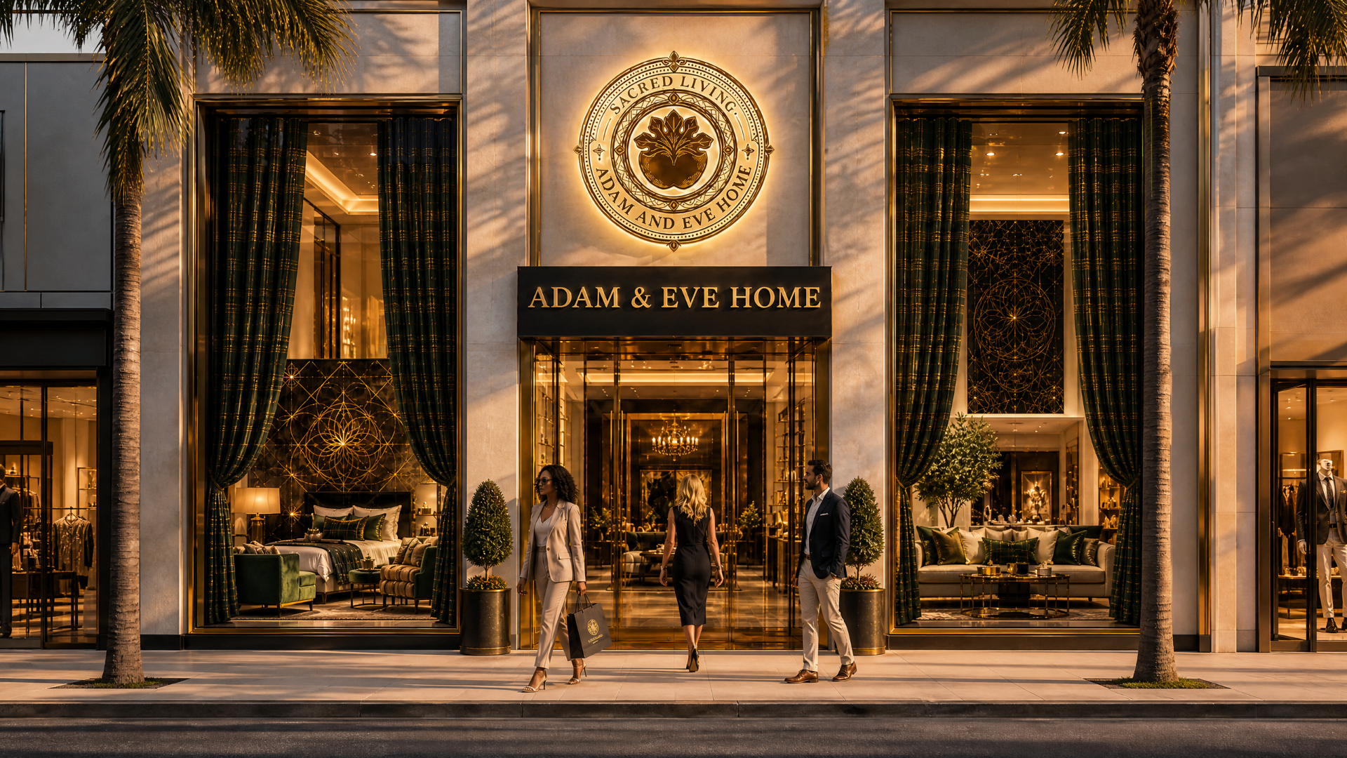 The Adam and Eve Home storefront at golden hour, shoppers walking in and out