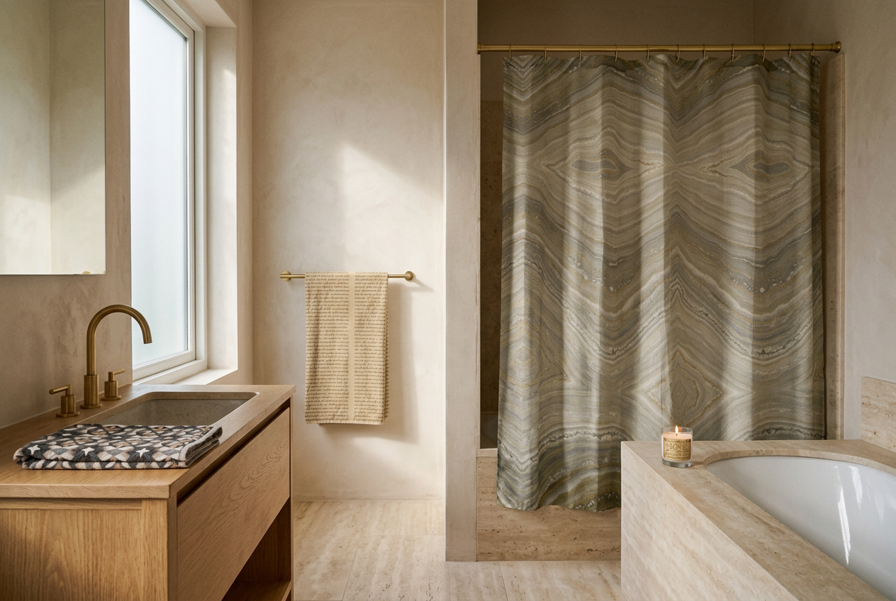 A travertine bathroom with an oak vanity, brass fittings, a patterned shower curtain, a script-print hand towel on the rail, a folded bath towel at the basin and a lit candle on the tub