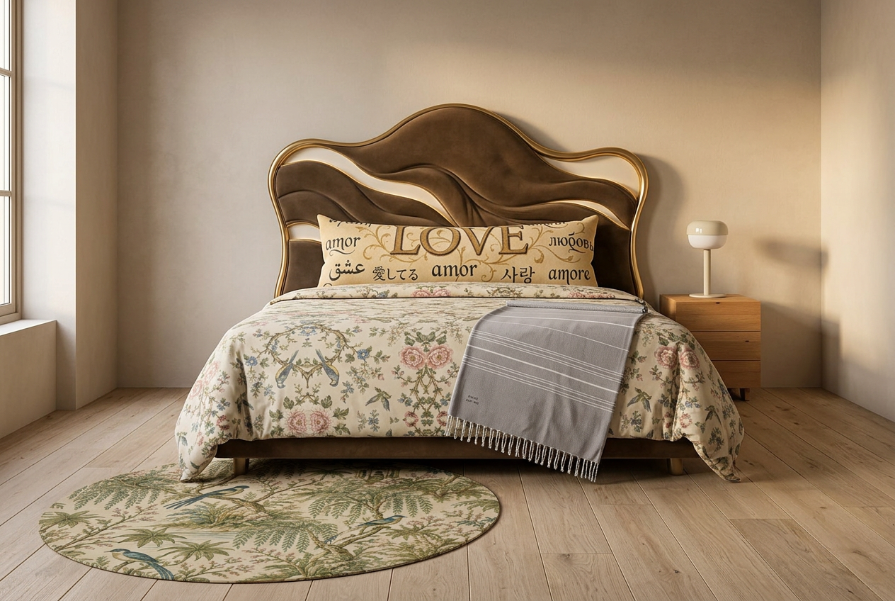 A warm bedroom with a sculptural velvet headboard, floral comforter, long printed body pillow, folded throw and a round patterned rug