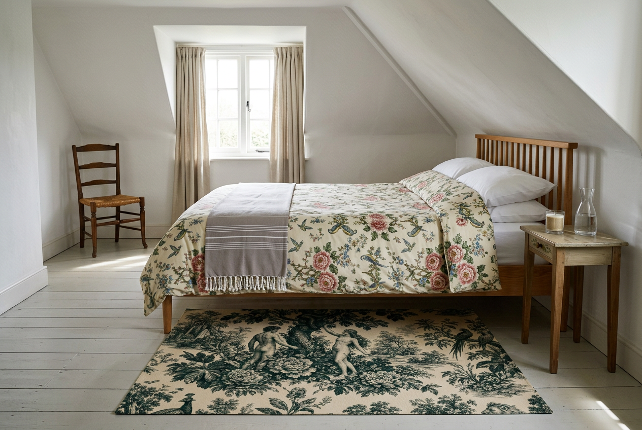A white attic guest bedroom with an oak spindle bed, floral comforter, embroidered throw, a patterned rug at the foot and a candle on the nightstand