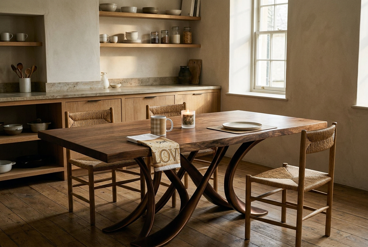 A live-edge walnut table in a plastered kitchen, laid with a printed cloth napkin, a leather placemat under a stoneware plate, a printed ceramic mug and a lit frosted candle