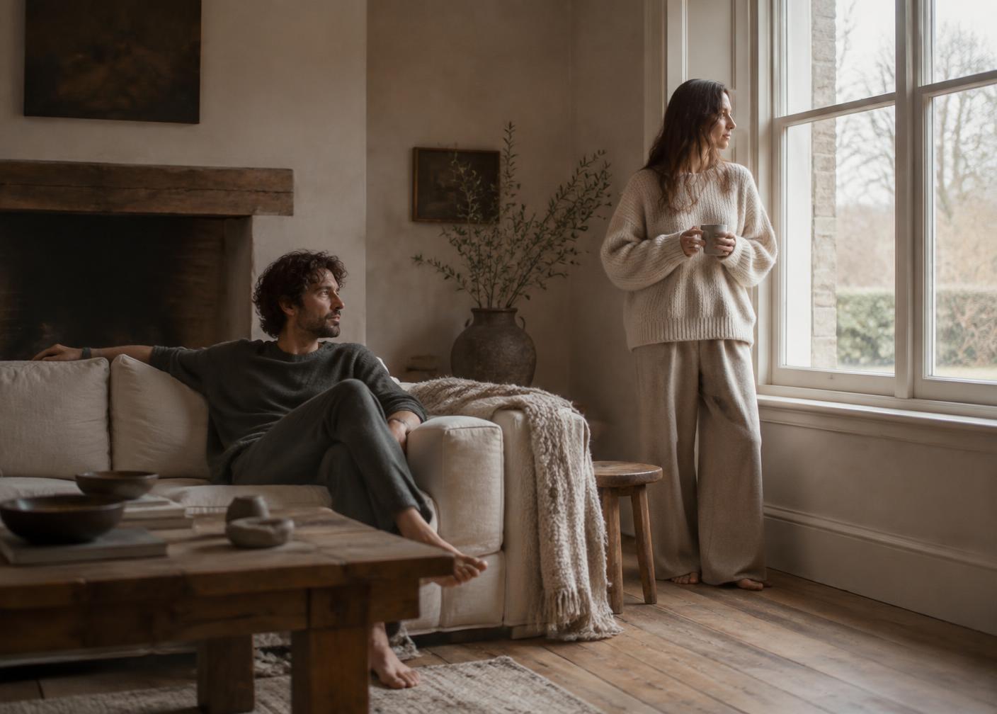 Two people at ease in a plastered living room, one in a brushed cotton lounge set and one in an oversized undyed merino knit and wide wool trousers