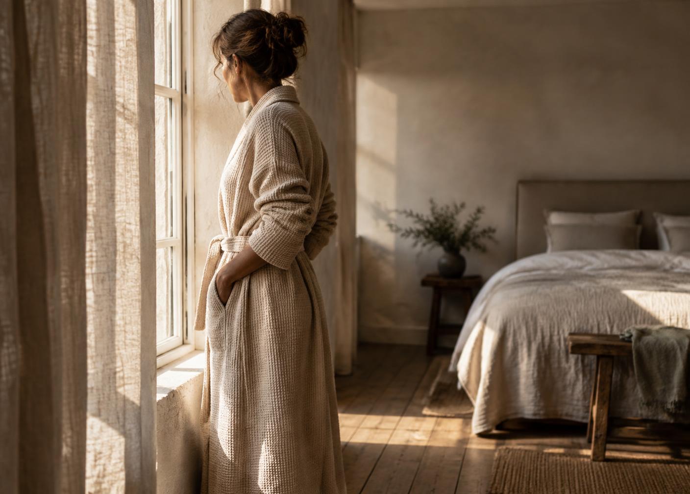 A woman standing at a bedroom window in the early morning, wearing a heavy undyed waffle cotton robe