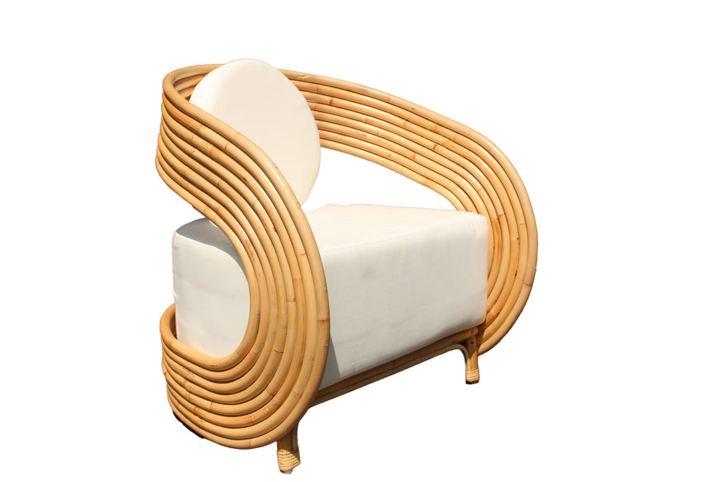 Modern chair with wavy wooden frame and white cushion on a white background