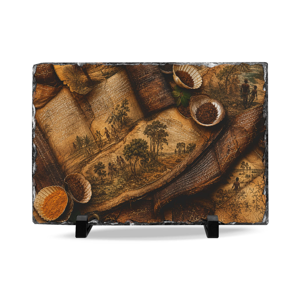 Decorative plaque with engraved scenes and objects on a stand