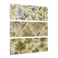 Set of three nature-themed wall art panels with leaves, birds, and trees on a beige background.