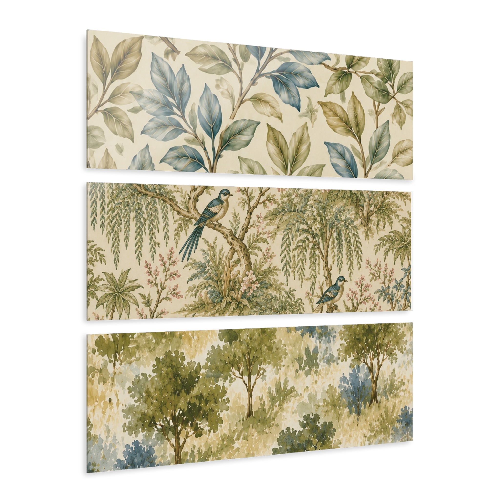 Set of three nature-themed wall art panels with leaves, birds, and trees on a beige background.