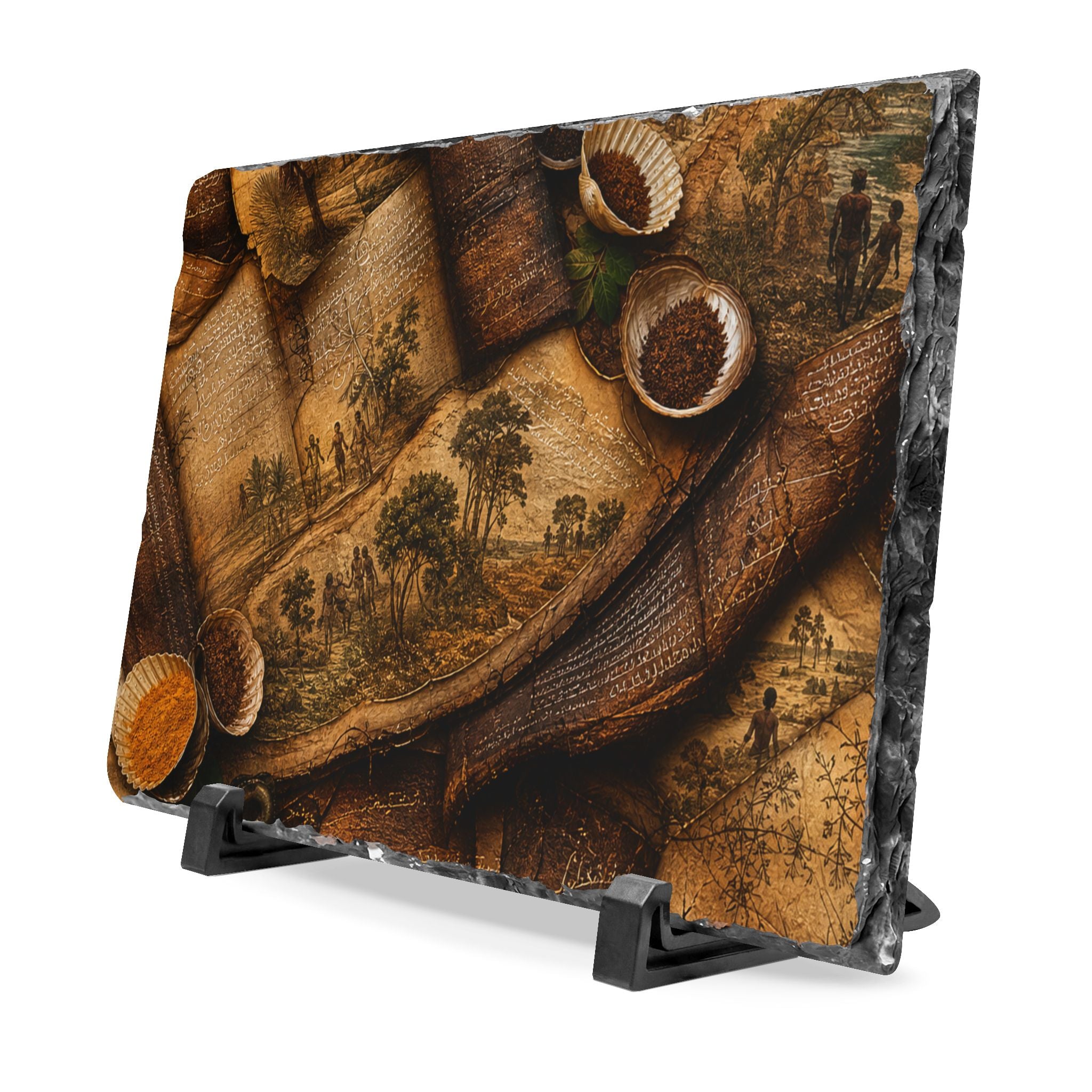 Decorative slate with vintage-style illustrations on a white background