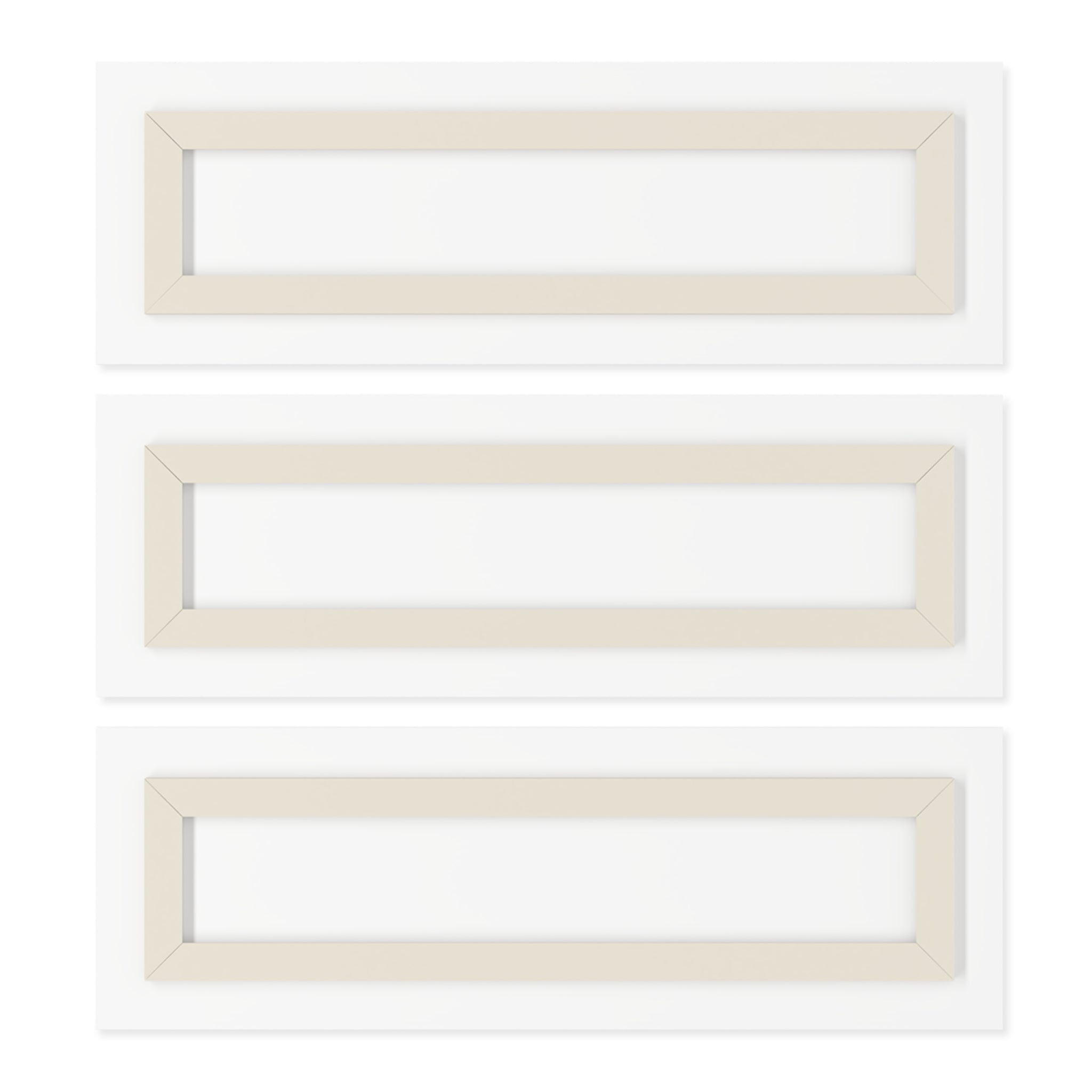 The back of three picture frames of same size on a white background