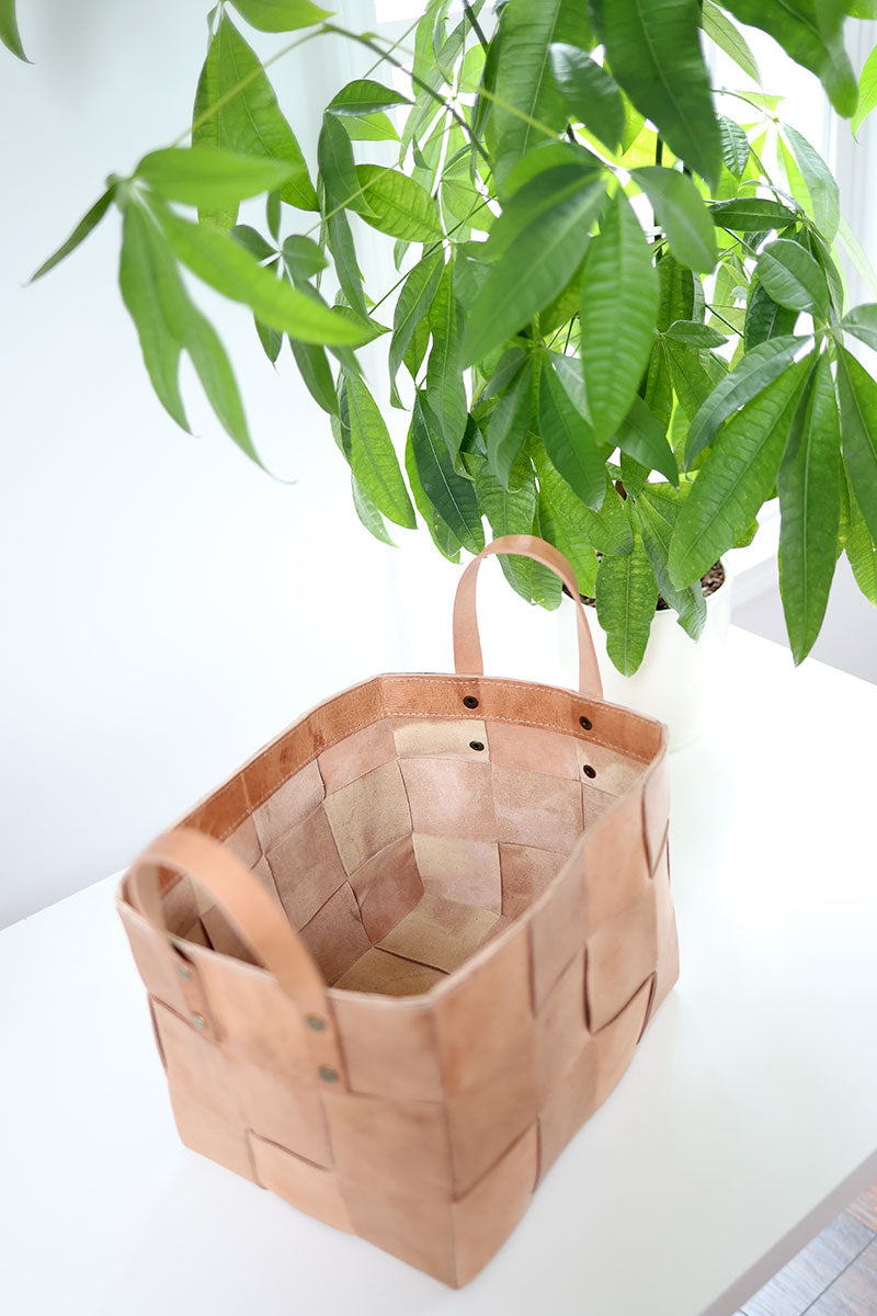 Woven brown basket on a white surface with green leaves in the background