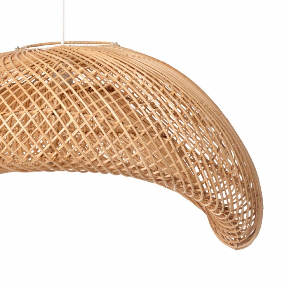 Woven rattan pendant light on a white background