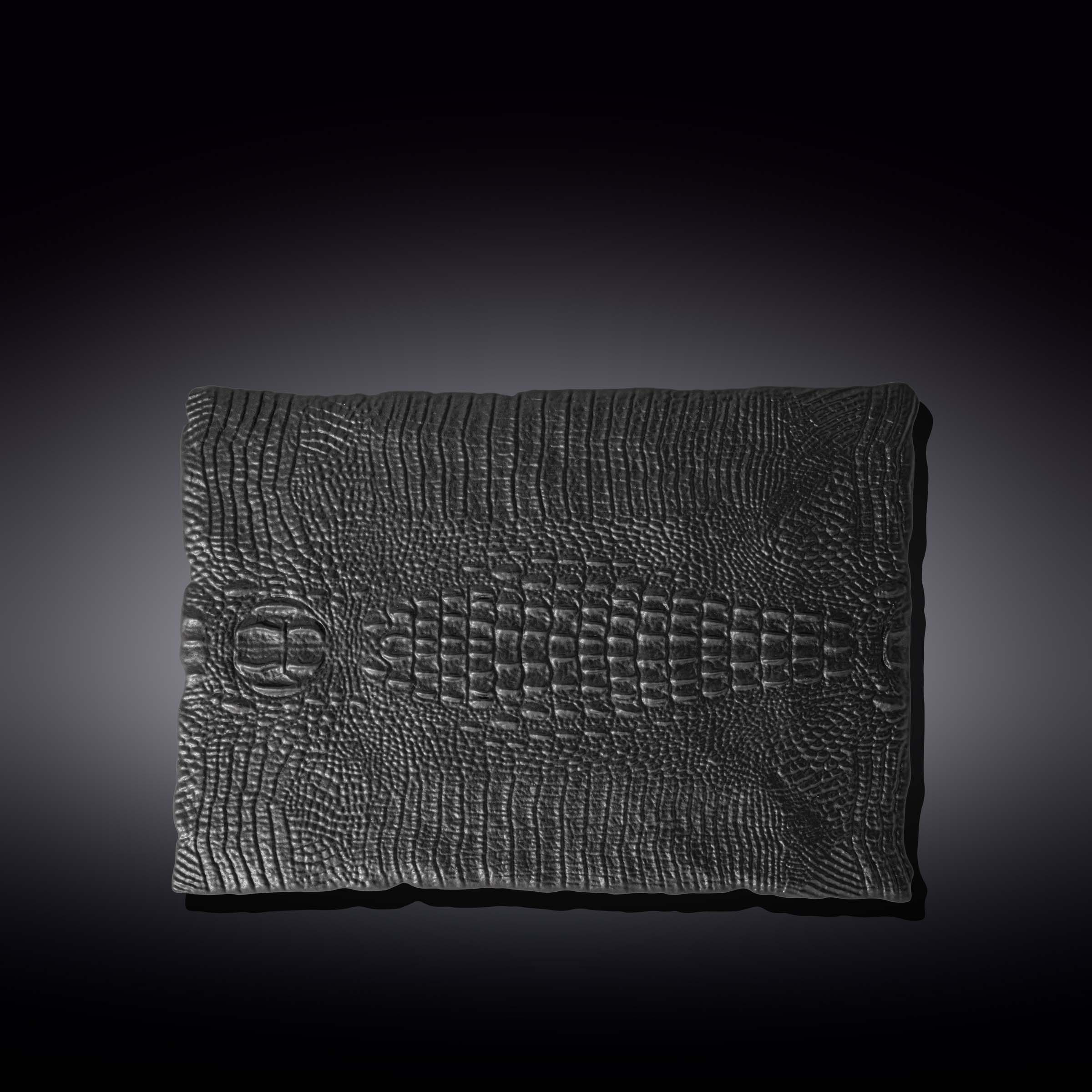 Black Porcelain Slate look Rectangular Serving Dish With Crocodile Skin Texture. 11.75" inch X 8.25" inch