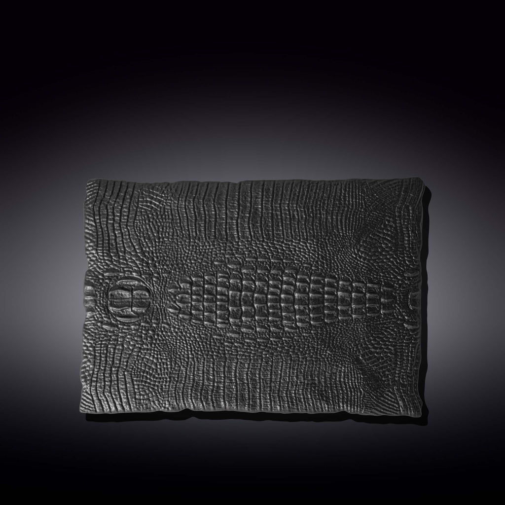 Set Of 2 Black Porcelain Slate look Rectangular Serving Dish With Crocodile Skin Texture. 11.75" inch X 8.25" inch