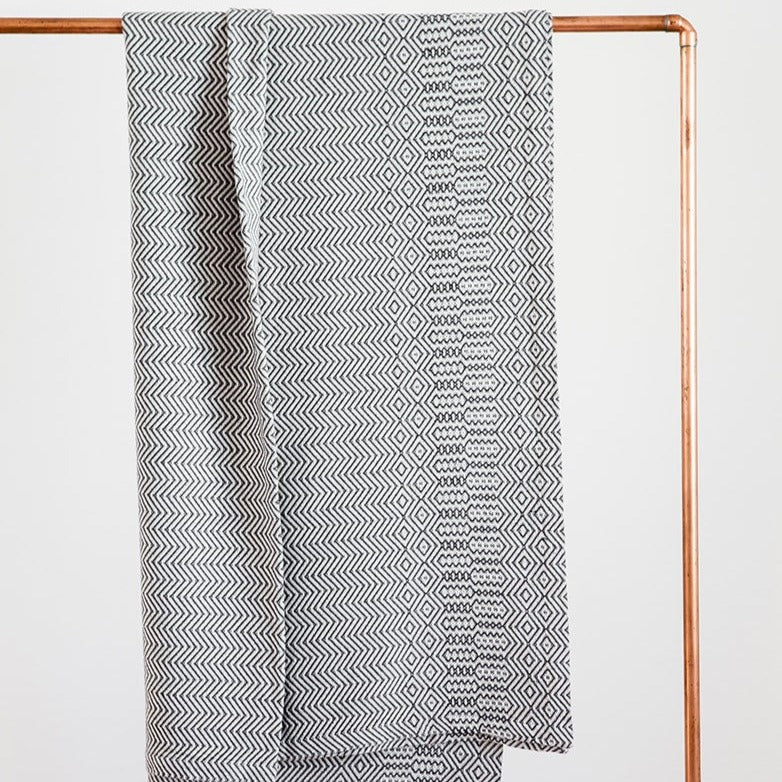 Folded patterned blankets on a copper rack against a white background