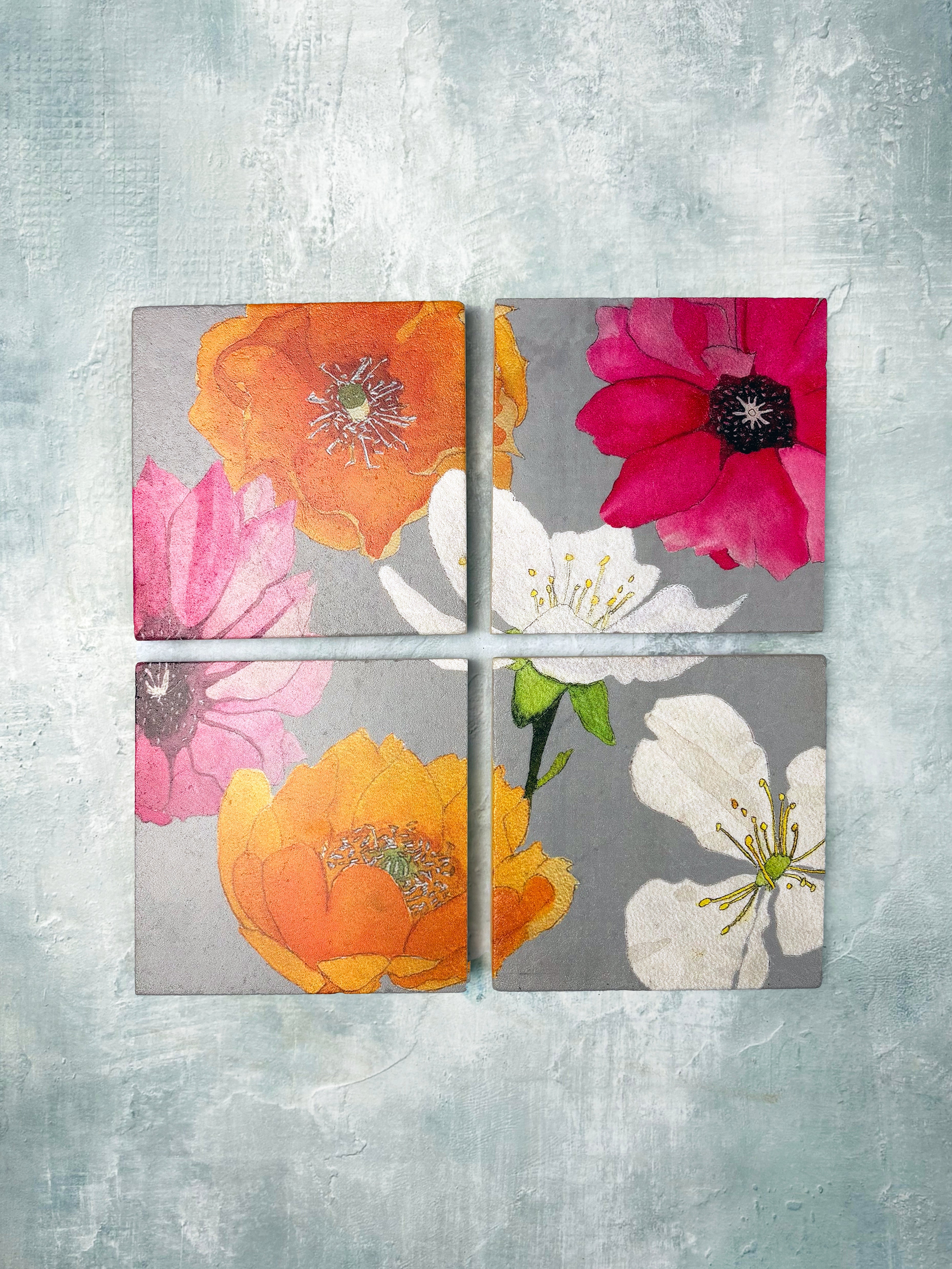 Coaster Set: Cactus Flowers on Grey