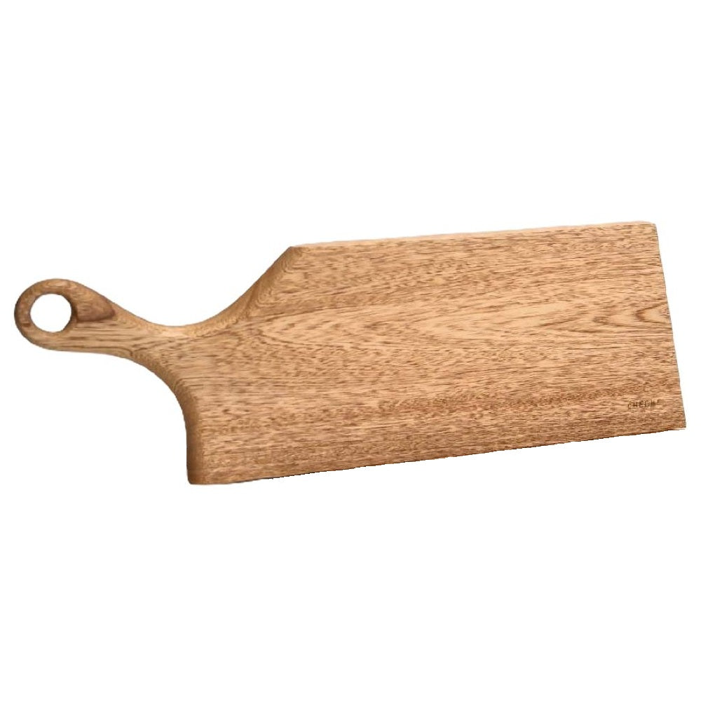 Wooden hand carved cutting board with handle on a white background