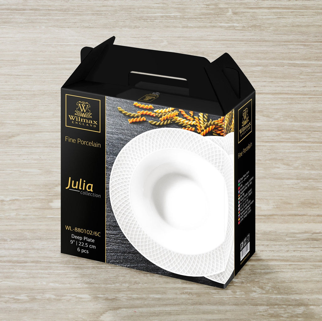 White Porcelain Deep Plate With Embossed Wide Rim 9" inch | Set Of 6 In Gift Box