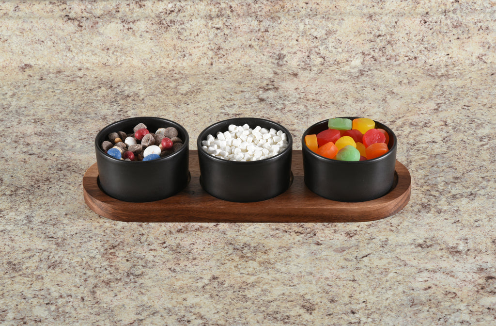 Black Ceramic Condiment Set on Acacia Wood Base