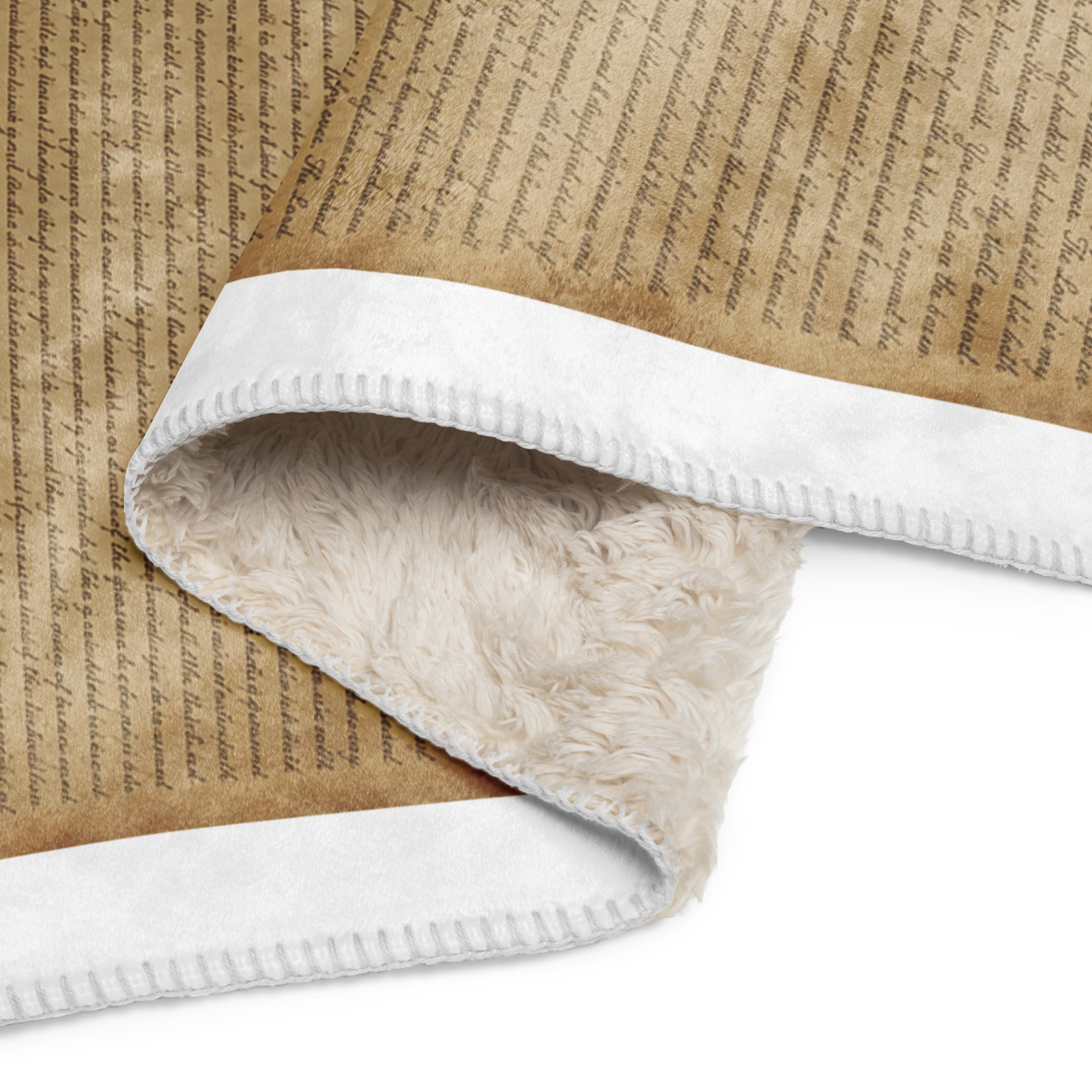 Luxury Sherpa Throw Blanket — Signature Edition featuring a tan printed design with elegant script text and a soft white sherpa fleece lining for premium home decor comfort.