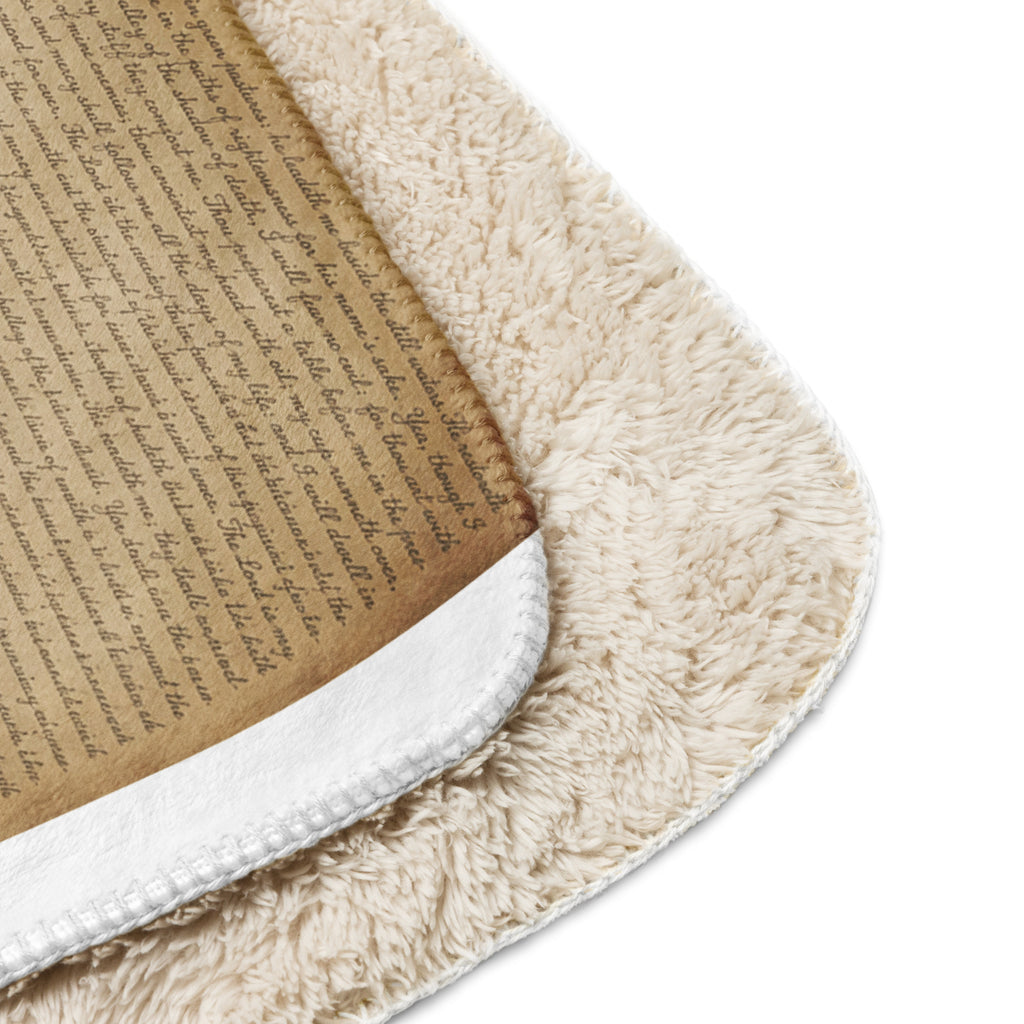 Luxury Sherpa Throw Blanket — Signature Edition showcasing its soft tan Sherpa fleece backside and a smooth front with elegant script print for premium home decor.